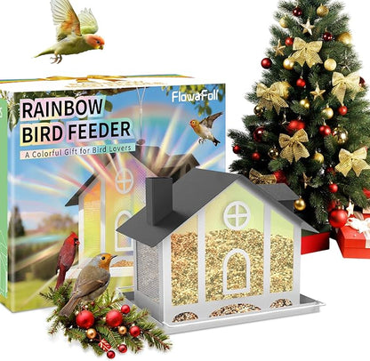 FlowaFoli Bird Feeder House for Outside, Decorative Large Bird Feeders for Outdoors with Rainbow Acrylic Panels, Ideal Gift for BirdLovers to Attract Feathered Friends Year-Round