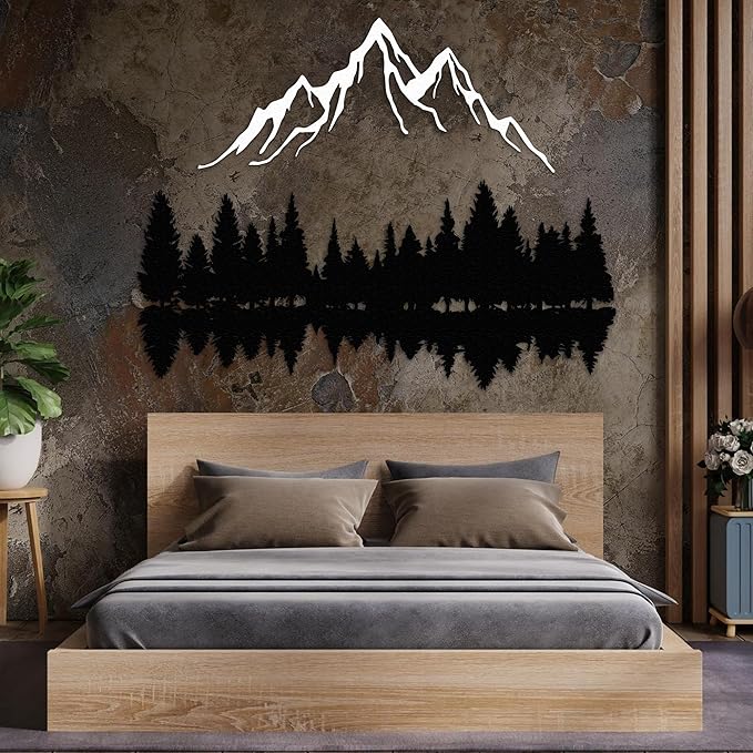 Mountain and Forest Lake Reflection Metal Wall Art, Nature-Inspired Silhouette Decor for Living Room, Bedroom or Office, Large Outdoor Wall Decor, Nature Christmas Décor (White, 18x14 inches)