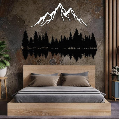Mountain and Forest Lake Reflection Metal Wall Art, Nature-Inspired Silhouette Decor for Living Room, Bedroom or Office, Large Outdoor Wall Decor, Nature Christmas Décor (White, 18x14 inches)