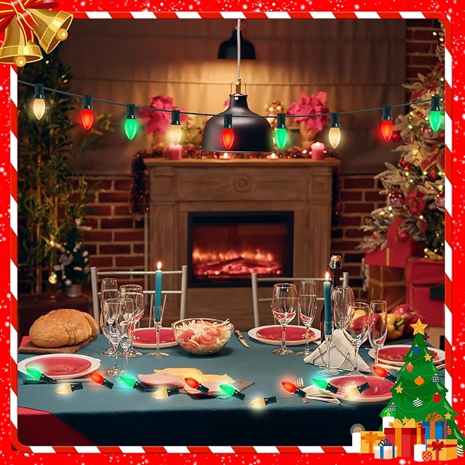 C9 Red Green White Christmas Lights, 25FT Multicolor Christmas Decorations String Lights with 26 Ceramics Bulbs, Connectable Vintage Xmas Tree Decor for Indoor Home Outdoor Patio Holiday Party Garden