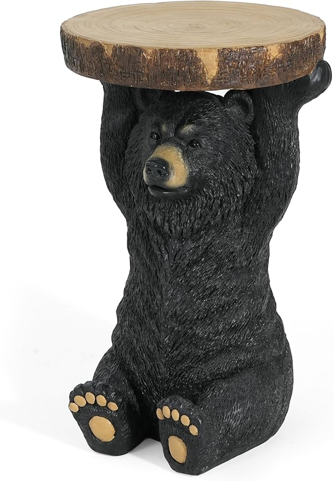Christopher Knight Home Blitz Bear Outdoor Side Table, MGO Bear Statue with Display Tabletop, Hand Painted Sculpture, Cute Small End Table for Indoor/Outdoor, No Assembly Required, Black + Brown