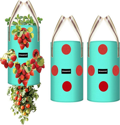 3 Pack 3 Gallon Hanging Strawberry Planter Bags, 12 Holes PE Grow Bags with Bottom Drainage, Reusable Vertical Planters for Small Space Gardening(Green)