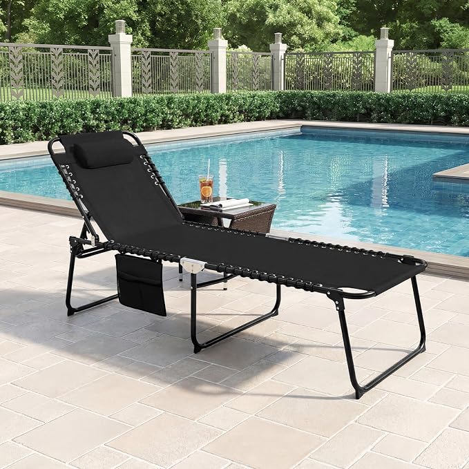GYMAX Lounge Chairs for Outside, Extra High Folding Beach Tanning Lounger with Adjustable Backrest, Footrest & Removable Pillow, Sunbath Lounge for Patio, Lawn, Poolside (2, Black with Side Pocket)