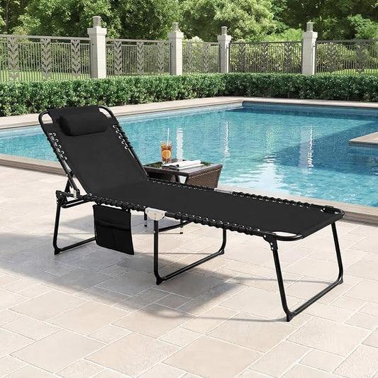 GYMAX Lounge Chairs for Outside, Extra High Folding Beach Tanning Lounger with Adjustable Backrest, Footrest & Removable Pillow, Sunbath Lounge for Patio, Lawn, Poolside (2, Black with Side Pocket)