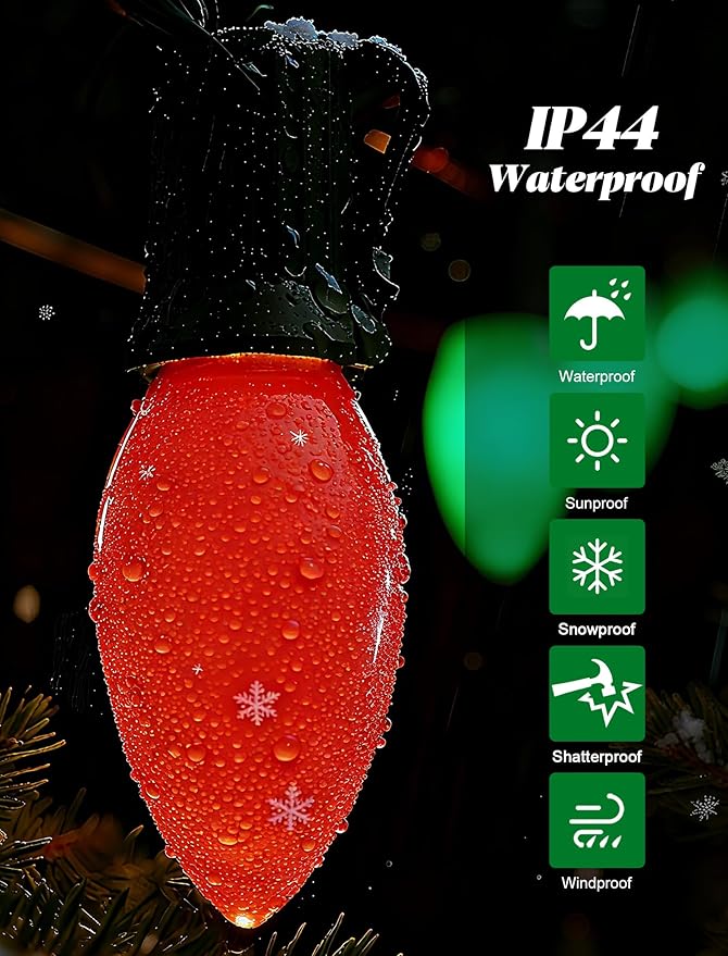 C9 LED Christmas String Lights Outdoor, 25Ft Red and Green Vintage Christmas Lights with 26 C9 Red/Green Bulbs, Outdoor Hanging Patio Light for Xmas Tree Path Roofline Wedding Party Decoration