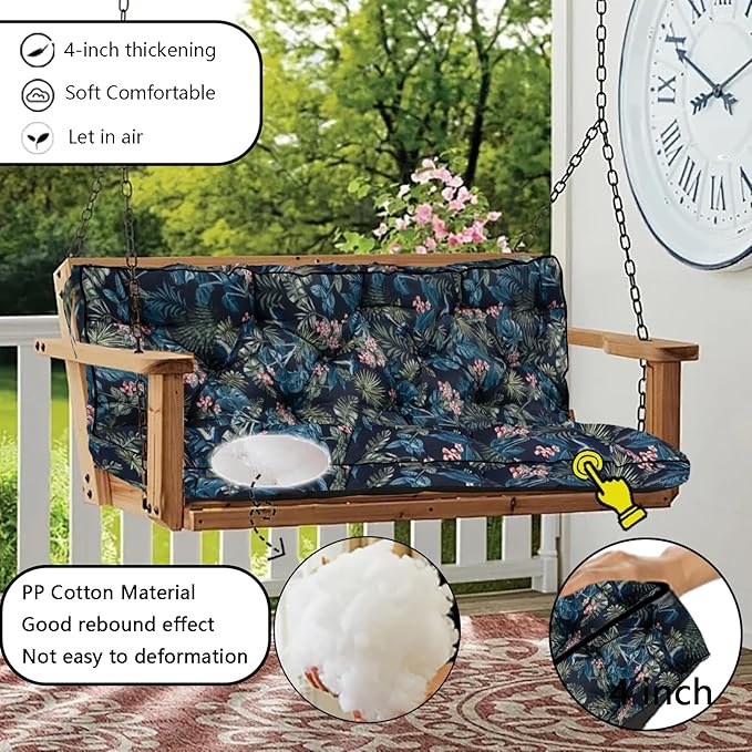 Porch Swing Cushion Three Seat, Waterproof Swing Cushions Replacement with Backrest, Outdoor Garden Furniture Patio 4" Thickened Cushions with Ties (Hummingbird, 40 x 71in)