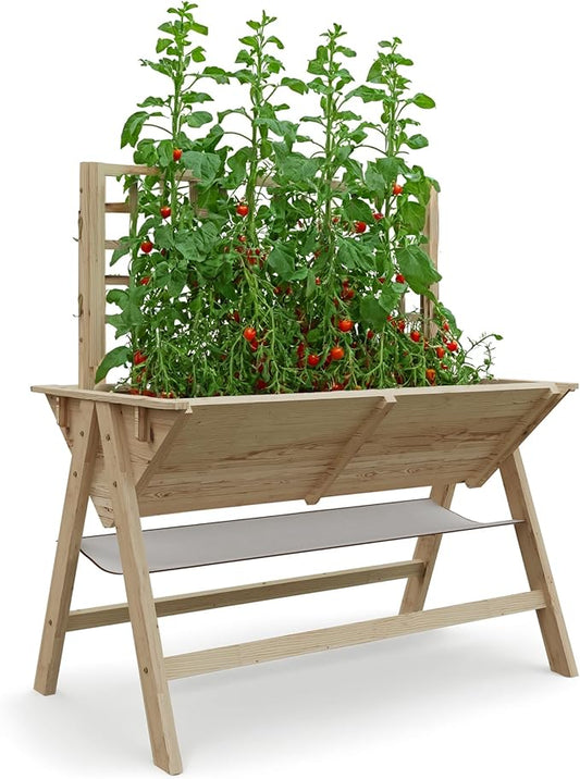 GarveeLife 52x30x54 Inch Tall Elevated Garden Bed with Legs, Standing Raised Planter Box with Climbing Trellis for Vegetables Flowers Herbs, Outdoor Wooden Standing Garden Bed-Natural