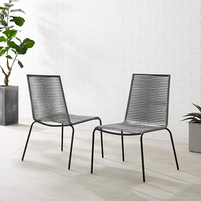 Crosley Furniture Fenton 2-Piece Stackable Outdoor Chair Set, Wicker Patio Chairs for Dining, Conversation, Matte Black/Gray