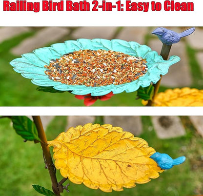 Deck Mounted Bird Feeder & Bird Bath, 20" H Iron Railing Birdfeeder with Leaves-Shaped Bowl, Outdoor Bird Bath for Balcony Patio Garden