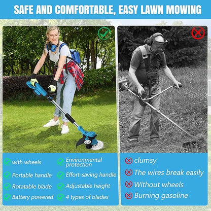 Electric Weed Wacker Cordless, with 2 X 21V 3.0Ah Battery Powered, 4 in 1Cordless Weed Eater & Brush Cutter with 4 Types Cutting Blades for Lawn Yard Garden