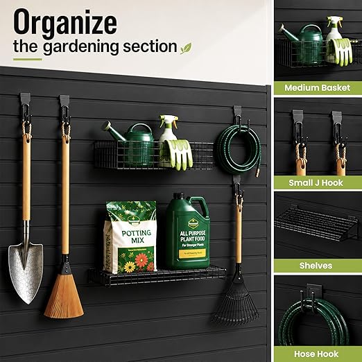 SMARTSTANDARD Slatwall Panel 4x8 FT, Garden Wall Organizer with 31 Garden Tool Hooks & Baskets,Heavy Duty PVC Slat Wall Panels for Gardening, Easy to Install & DIY Cutting (Black)