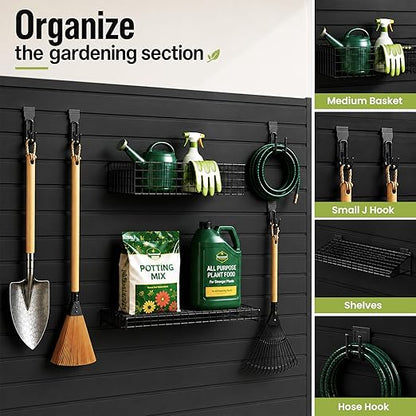 SMARTSTANDARD Slatwall Panel 4x8 FT, Garden Wall Organizer with 31 Garden Tool Hooks & Baskets,Heavy Duty PVC Slat Wall Panels for Gardening, Easy to Install & DIY Cutting (Black)