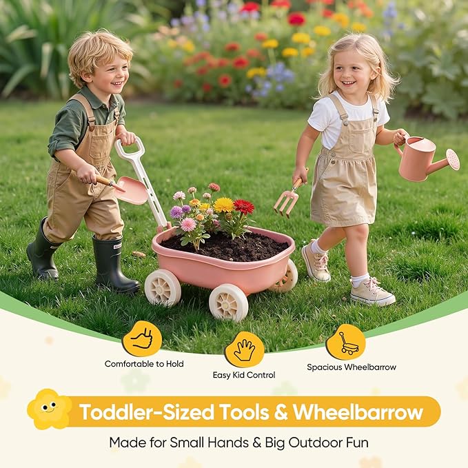 Kids Gardening Set with Wheelbarrow, 11-Piece Outdoor Yard, Beach, STEM Garden Play Kit with Child-Sized Tools, Durable, Safe & Fun Gift Toy for Ages 2+ Kids Toddlers Boys Girls (Pink)