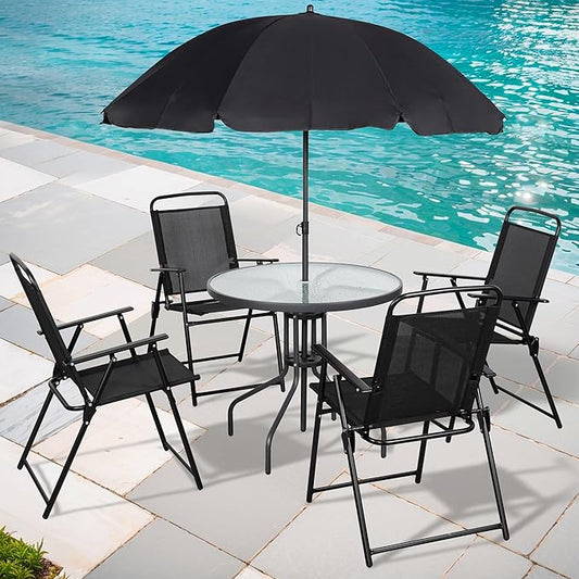 Shintenchi 6 Piece Patio Dining Set with Umbrella, Outdoor Furniture Set with 4 Folding Chairs and Tempered Glass Top Dining Table fot Lawn Backyard Garden Porch Black