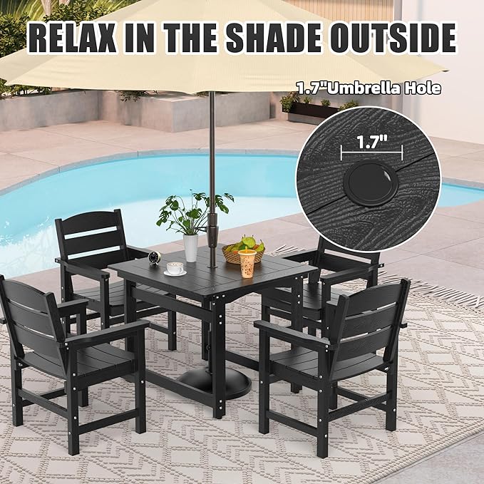 35" Outdoor Dining Table with Umbrella Hole, HIPS All-Weather Square Patio Table for Outdoor/Indoor Use, Black