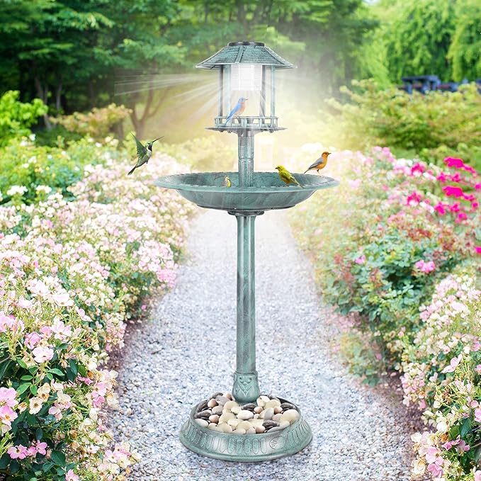 Outvita Outdoor Bird Bath, Garden Bird Baths Decorations with Solar-Powered Lamp and Resin Pedestal Flower Planter Base Bird Feeder for Yard Patio
