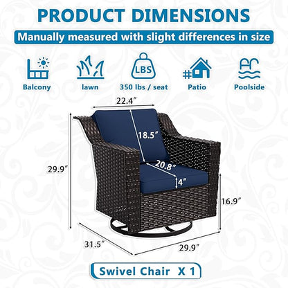 Vista Vibe Outdoor Patio Deep Seat Luxurious Chair - 360 Degree Swivel Glider Rocker Chair with Washable Cushions, Hand-Woven & All-Weather PE Rattan, Balcony, Yard (Brown/Navy)