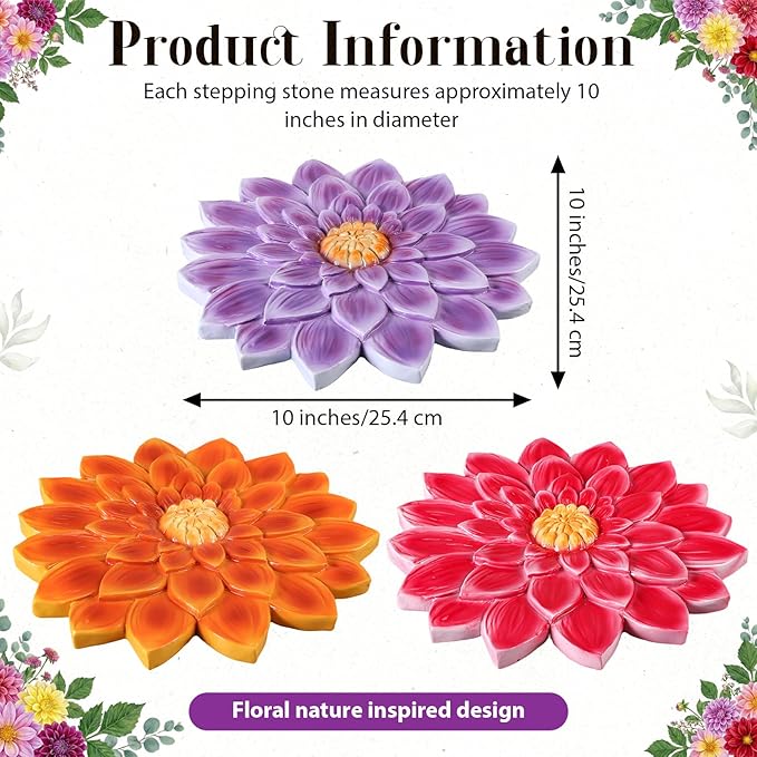Cinnvoice 3 Pack Garden Stepping Stone Outdoor, Decorative Dimensional Resin Stepping Stones for Patio Pathway Landscaping Walkway Sculpture Yard Backyard Lawn(Dahlia,10 Inches)
