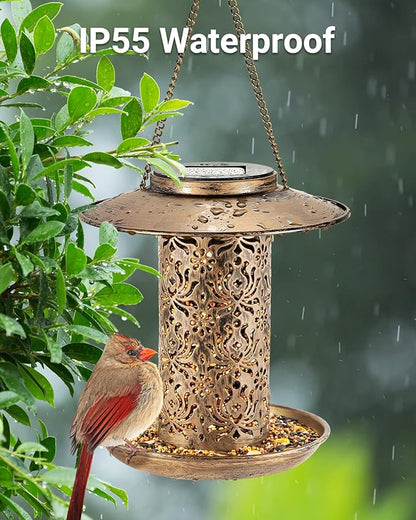 SWEETFULL Solar Bird Feeder for Outdoors Hanging, Metal Wild Bird Feeder for Cardinals Solar Garden Lantern with S Hook as Gift Ideas for Bird Lovers (2LBs Heavy Duty Weather Resistance birdfeeders)
