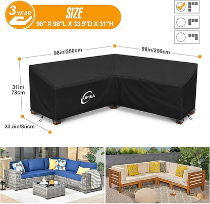 Kipiea Patio V-Shaped Sectional Sofa Cover, 420D Heavy-Duty Oxford Fabric Outdoor Sectional Cover with 6 Windproof Buckles, Anti UV and No Tears, No Fading (98"/98" L x 33.5" D x 31" H) Black