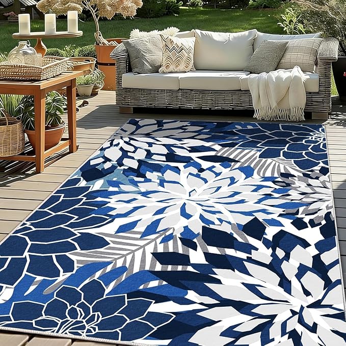ZonLi Colorful Outdoor Rug 8x10Ft Waterproof Multicolored Indoor Area Rug Washable Outdoor Patio Rugs Tropical Floral Non Slip Outdoor Carpet for Living Room, Pool,Backyard,Deck,Camping