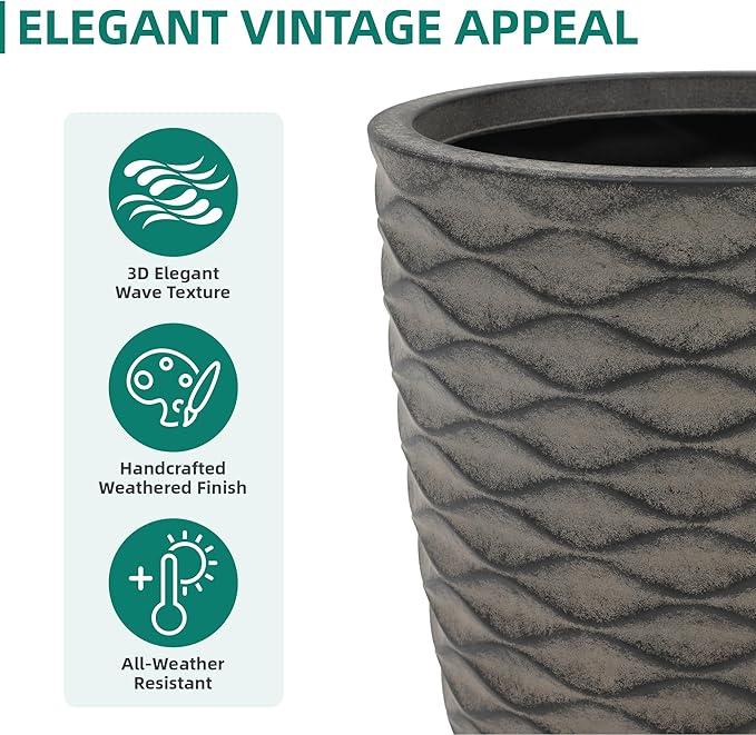 19" H Coastal Planter for Indoor/Outdoor Plants, Set of 2 Large Flower Pot with Drainage Hole, Weather-Resistant Resin Planters for Garden Patio Porch Home Office Decor, Rustic Black Wavy