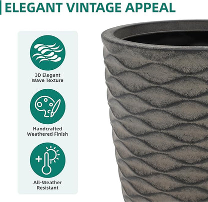 19" H Coastal Planter for Indoor/Outdoor Plants, Set of 2 Large Flower Pot with Drainage Hole, Weather-Resistant Resin Planters for Garden Patio Porch Home Office Decor, Rustic Black Wavy