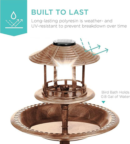 Best Choice Products Solar Outdoor Bird Bath Vintage Resin Pedestal Fountain Decoration for Yard, Garden w/Planter Base, Feeder, Decorative Bird Cage, Fillable Stand - Bronze