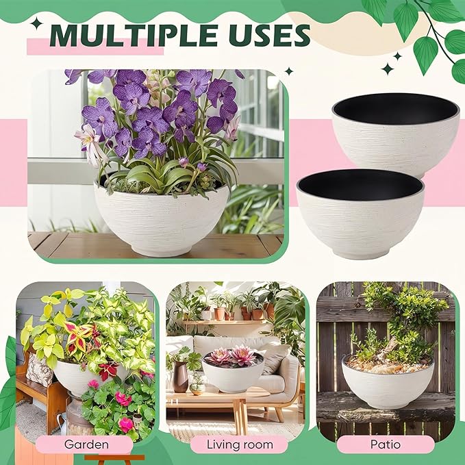 2 Pcs 13.8 Inch Lotus Bowl Planter Large Water Lily Pots Succulent Hydroponic Bowl Pot Flower Planting Pot for Outdoor Indoor Plant Mini Fish Pond No Drainage Hole(Quartz White)