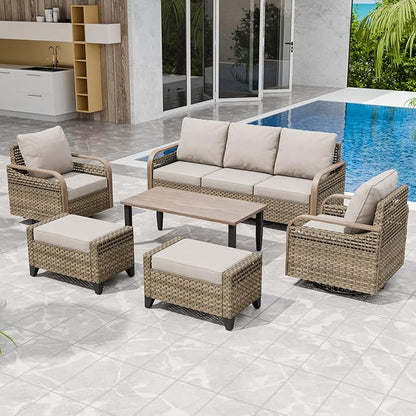 Modern Wicker Patio Furniture Set, Rattan Outdoor Conversation Set with Comfortable Cushions, 2 Swivel Rocking Chairs, 3 Seat Couch, 2 Ottomans and Coffee Table, 6 Pieces, Brown/Gray