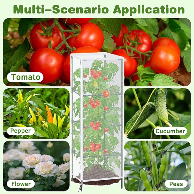 3 Pack Garden Bird Netting Plant Cover for Square Tomato Cages Protection, 59"x18" Insect Bird Barrier Garden Plant Netting Tomato Trellis Protective Cover with Zipper & Drawstring