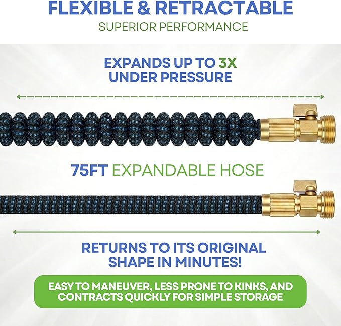 J&B XpandaHose 75ft Expandable Garden Hose with Holder - Heavy Duty Superior Strength 3750D - 4 -Layer Latex Core - Extra Strong Brass Connectors and 10 Spray Nozzle w/Storage Bag (Blue 75)