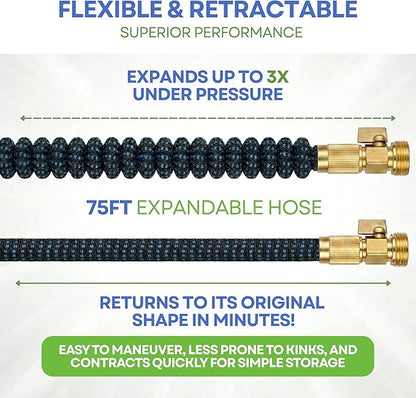 J&B XpandaHose 75ft Expandable Garden Hose with Holder - Heavy Duty Superior Strength 3750D - 4 -Layer Latex Core - Extra Strong Brass Connectors and 10 Spray Nozzle w/Storage Bag (Blue 75)
