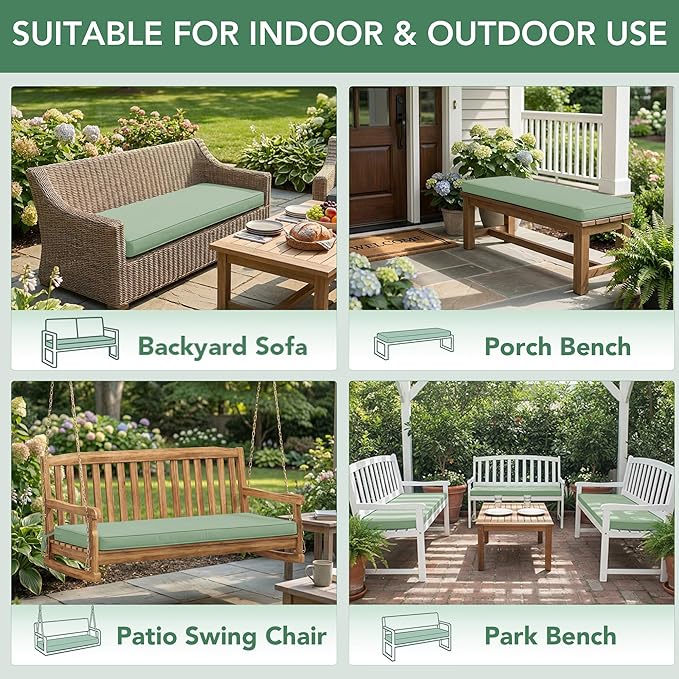 Summsun Outdoor Bench Cushion: Waterproof and Fade Resistant Patio Furniture Cushions - Non-Slip Bench Pad Cushion with Removable Cover for Garden Swing Porch Sofa Settee, 42 x 18 Inch, Sage Green