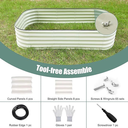 17" Tall 8x2ft Oval White Metal Planter Box for Outdoor Gardening 9-in-1 Modular Galvanized Raised Garden Bed, Heavy Duty Flower Beds, Porch Planters & Expandable Garden Beds Outdoor