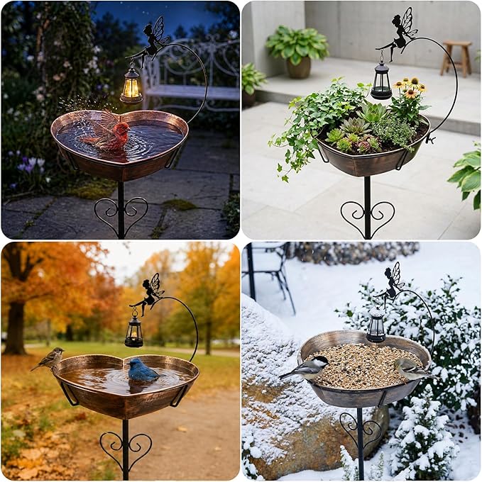 Goodeco Heart Bird Bath Stake for Outside - 135 fl oz Large Metal Birdbath with Solar Lantern and Fairy Garden & Patio Decor for Yard, Ideal Gifts for Bird Lovers, Romantic Mom's Present