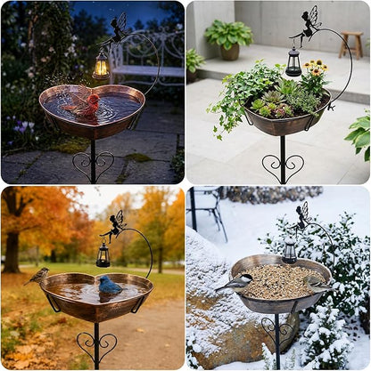 Goodeco Heart Bird Bath Stake for Outside - 135 fl oz Large Metal Birdbath with Solar Lantern and Fairy Garden & Patio Decor for Yard, Ideal Gifts for Bird Lovers, Romantic Mom's Present