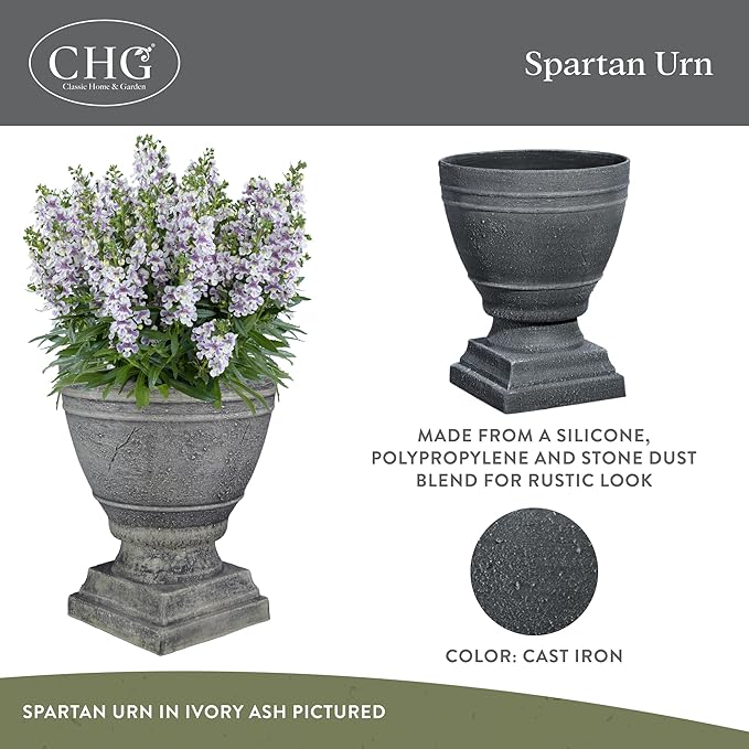 Classic Home and Garden Spartan Urn Planter - Timeless Plant Urn for Floral Displays - Durable Indoor & Outdoor Plastic Garden Planters (14”, Cast Iron)