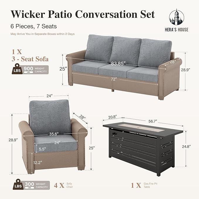 HERA'S HOUSE 6-Piece Patio Furniture Set, All Weather 7 Seats Outdoor Wicker Sofa with 57" Fire Pit Table, 5.5" Thick Waterproof Cushion Conversation Couch Set for Garden Deck Backyard, Grey