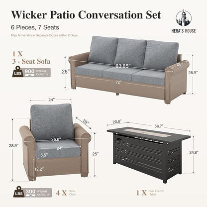 HERA'S HOUSE 6-Piece Patio Furniture Set, All Weather 7 Seats Outdoor Wicker Sofa with 57" Fire Pit Table, 5.5" Thick Waterproof Cushion Conversation Couch Set for Garden Deck Backyard, Grey