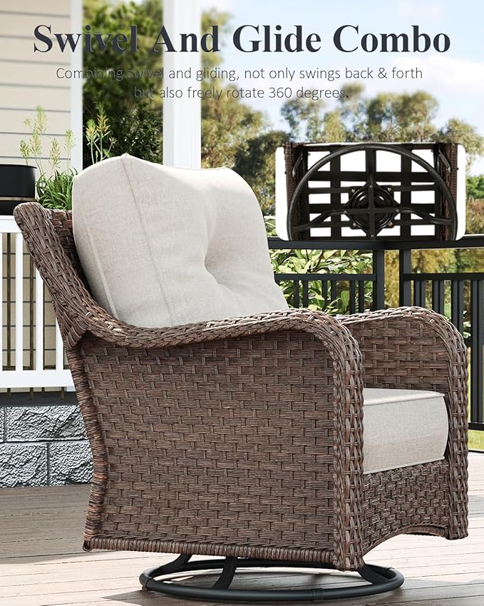 LayinSun 6 Piece Wicker Outdoor Furniture Set with 6-inch Comfy Cushions, High Back Patio Furniture Set with Swivel Rocking Chairs and Side Table