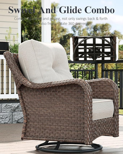 LayinSun 7 Piece Wicker Outdoor Furniture Set with 6-inch Comfy Cushions, High Back Patio Furniture Set with Swivel Rocking Chairs and Fire Pit Table