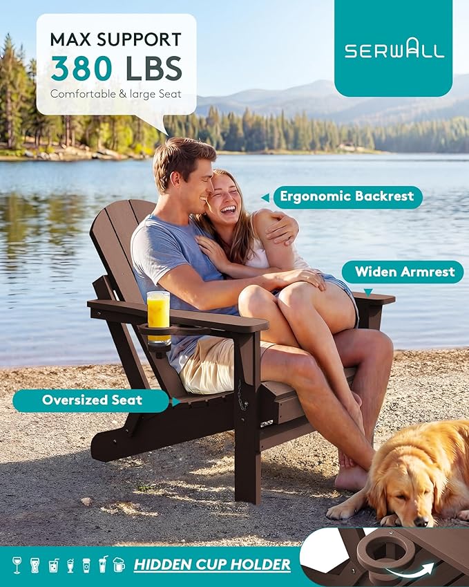 SERWALL Folding Adirondack Chair Set of 4, Weather Resistant HIPS Patio Chairs with Cup Holder for Garden Outdoors Fire Pit- Coffee