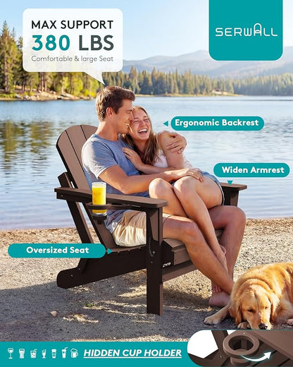 SERWALL Folding Adirondack Chair Set of 2, All Weather Adirondack Chairs with Cup Holder for Patio Garden Outdoors Fire Pit - Coffee