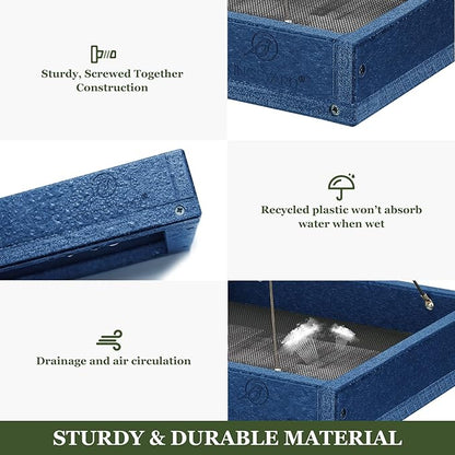 Kingsyard WPC Composite Platform Bird Feeder for Outside, Heavy Duty Hanging Tray for Mealworms & Seeds, 3.5 lbs Large Capacity, Weatherproof Recycled Plastic Material, Easy to Clean, Blue