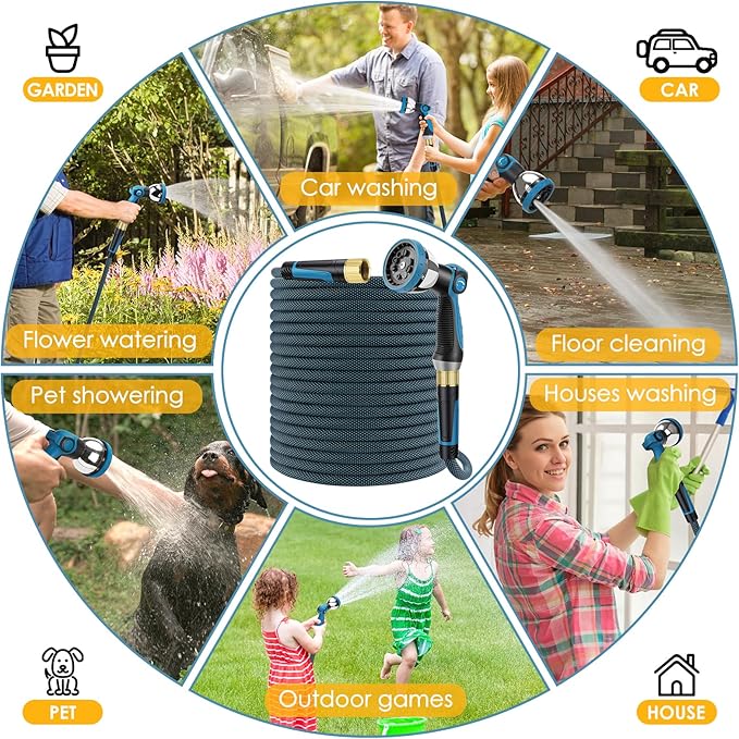 Non-Expandable Garden Hose 25 FT, Lightweight Hose with 10 Function Spray Nozzle, Kink-Free Flexible Water Hose, Durable, Leak-Proof, 360° Swivel Connectors, Portable Storage Strap