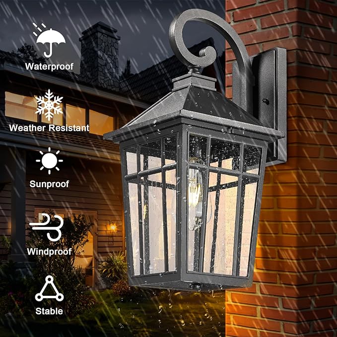 Darkaway Large Outdoor Wall Lights for House, 18inch Exterior Lighting Fixtures 2pcs Wall Mount Outdoor Porch Lights Black Outdoor Sconce Lights with Seeded Glass for Hallway Garage