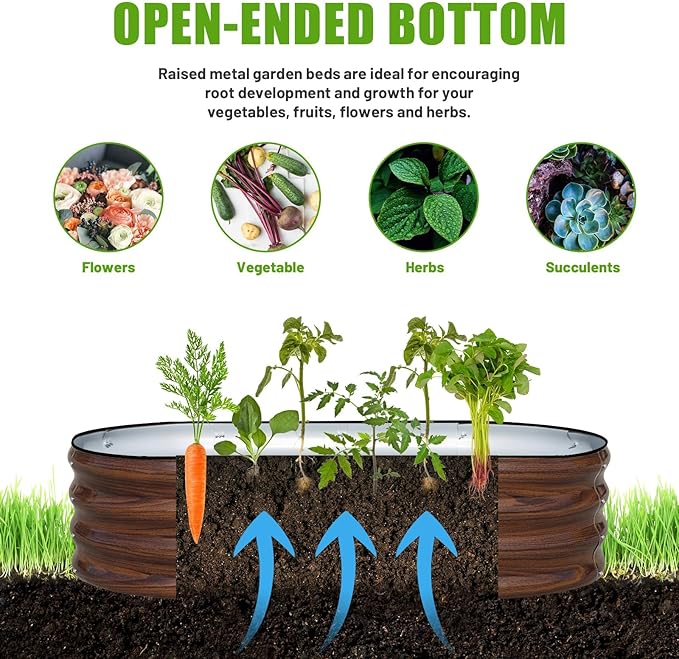 SnugNiture Galvanized Raised Garden Bed Outdoor, 4 Pcs 4x2x1ft Oval Metal Planter Box for Planting Plants Vegetables, Brown