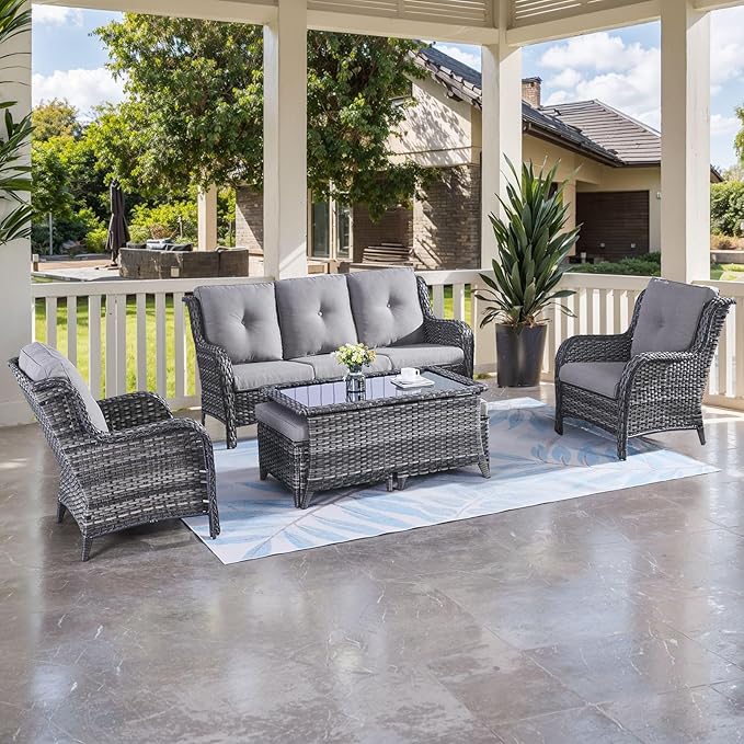 HUMMUH Outdoor Furniture 6 Pieces Patio Furniture Set Wicker Outdoor Sectional Sofa with 2 Patio Chairs,Ottomans,Coffee Table(Grey/Grey)