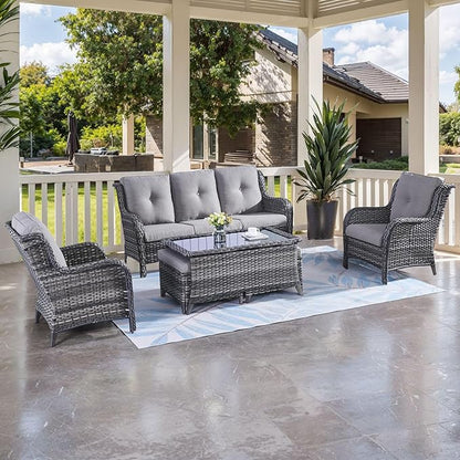 HUMMUH Outdoor Furniture 6 Pieces Patio Furniture Set Wicker Outdoor Sectional Sofa with 2 Patio Chairs,Ottomans,Coffee Table(Grey/Grey)